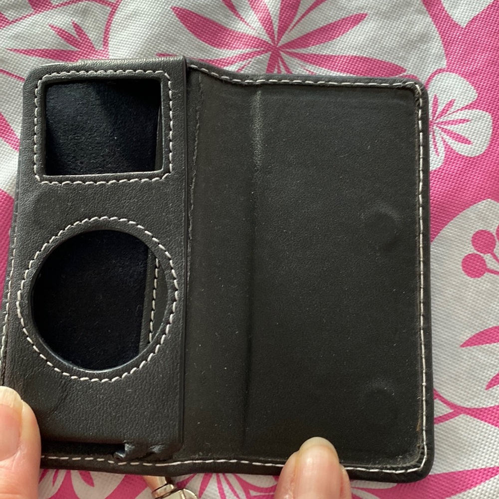 iPod case. Black leather with removable wrist strap and magnetic closure.
